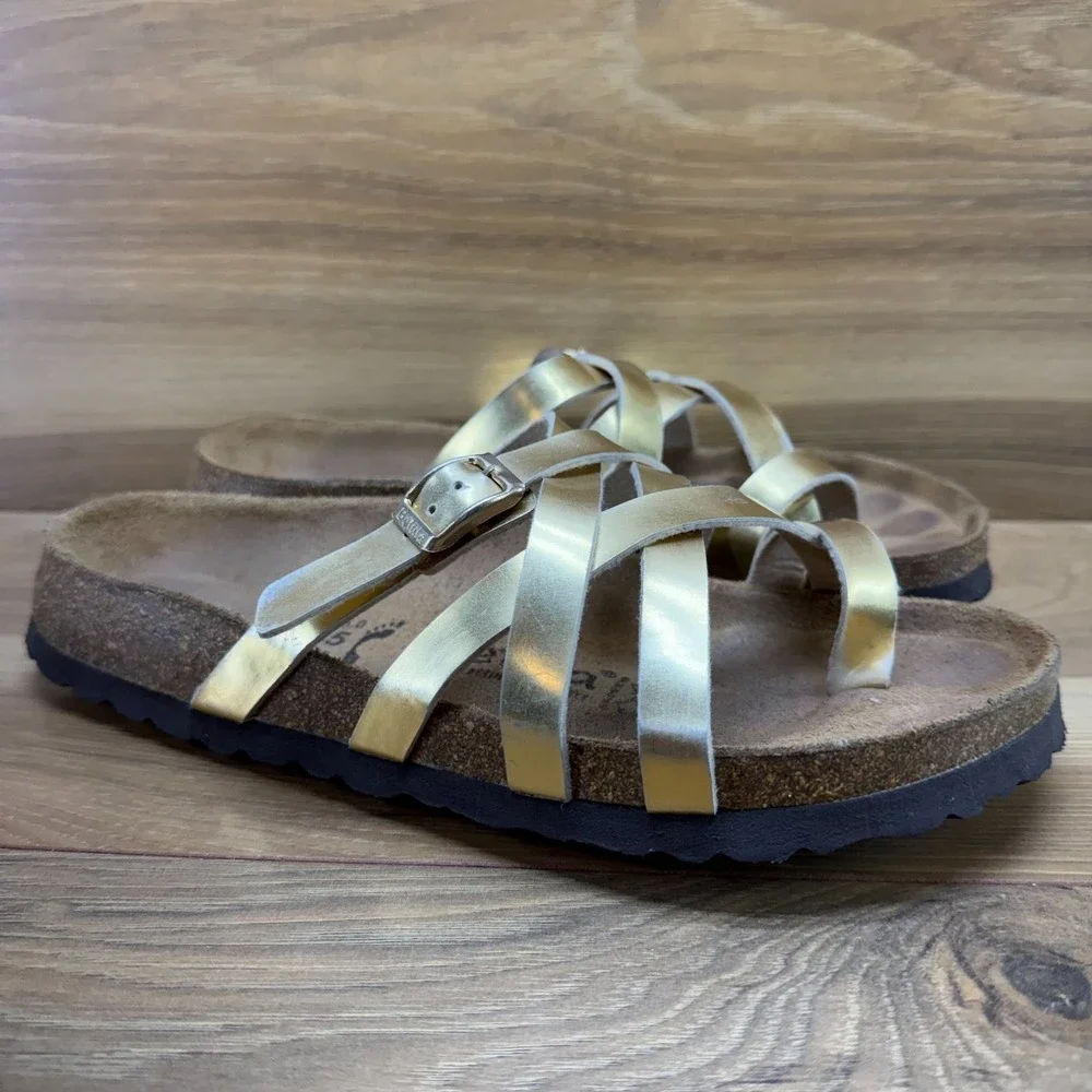 Birkenstock Betula Sandals Gold Strappy Slip On 7 N EU 38 Birko Travel Vacation
